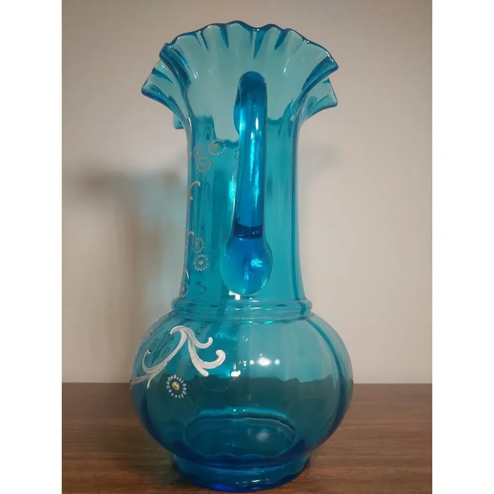 Antique Victorian / Ruffled Paneled Blue Glass PITCHER / Hand Painted Flowers